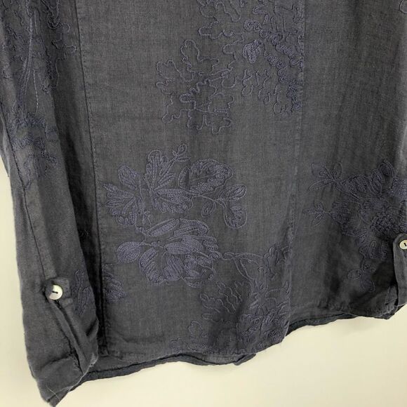 Lina Tomei Embroidered Top Womens Large Blue 100% Linen Floral Roll Tab Sleeves - Picture 3 of 13